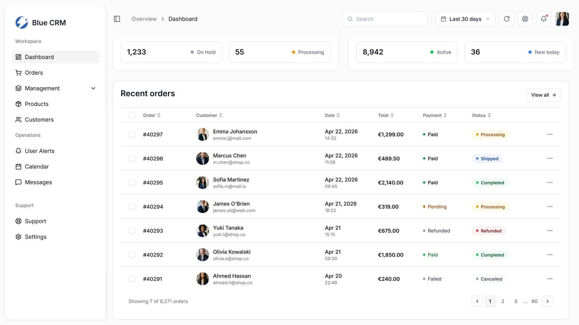 Blue CRM – recent orders table with order IDs, customers, dates, totals and statuses